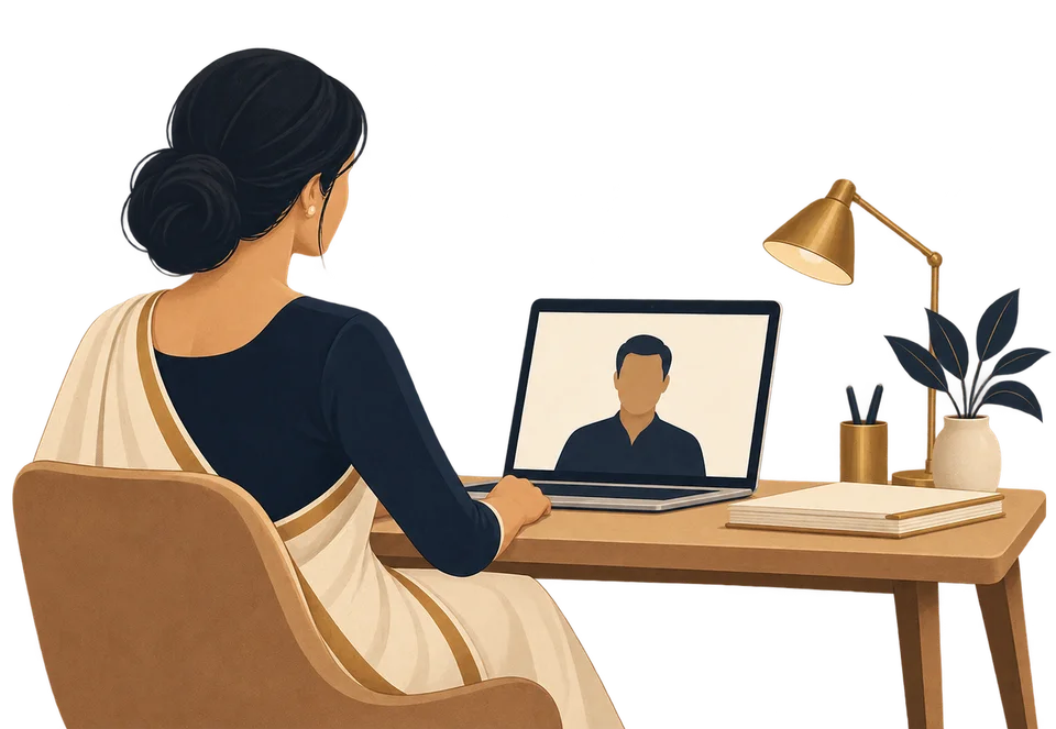 Illustration of a person joining a video hearing from a laptop