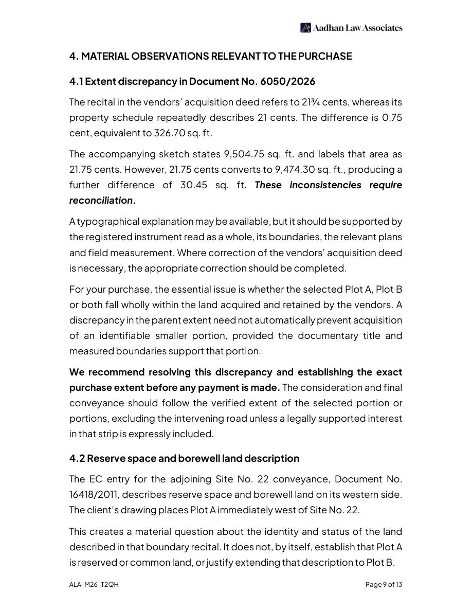 Page nine of the public redacted sample, showing material observations and purchase-specific findings