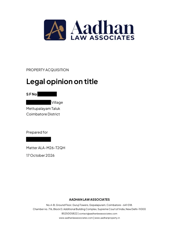 Cover preview of a title-opinion sample with names and property identifiers redacted